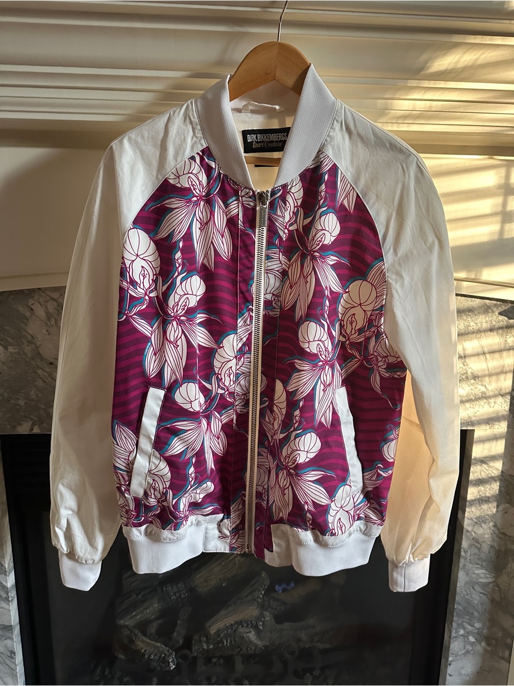 NWOT Dirk Bikkembergs White Bomber Jacket with Magenta Floral Panel